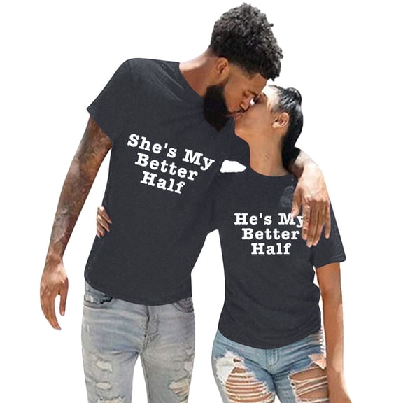 XEGLSBU T Shirts for Women V Neck Plus Size Casual Solid Color With Interesting Letter Print Round Neck Short Sleeve Lover's Clothes Boy She's My Better Half Grey Size XXXL