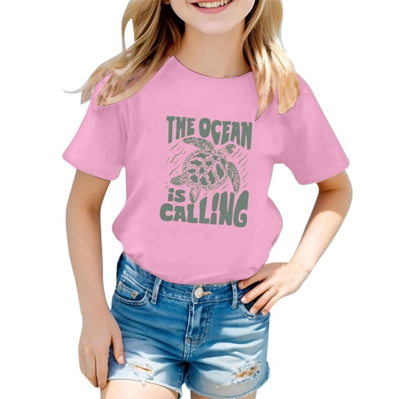 XEGLSBU T Shirts for Girls 10-12 Children's Casual Letter Pattern Print Multicolor Round Neck Short Sleeves Pink Size 1-2 Years