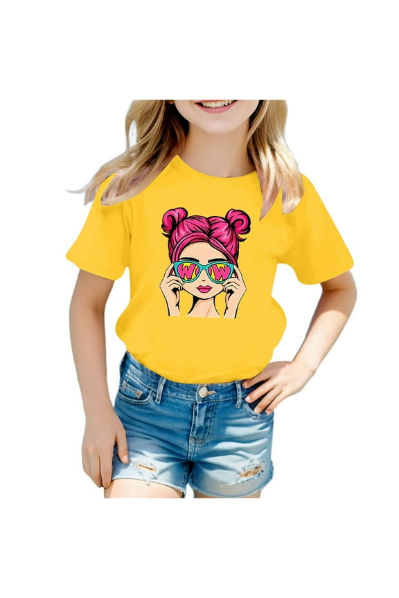 T-Shirts for Girls 10-12 Cute Girls Cute Graphic Print Round Neck Short Sleeve Tee Summer Casual T Shirt Yellow Size 8-9 Years