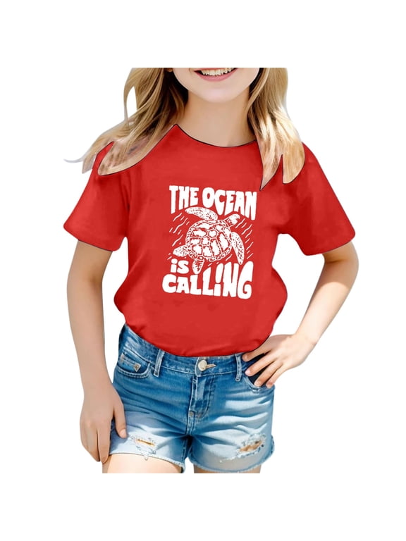 T Shirts for Girls 10-12 Plus Size Children's Casual Letter Pattern Print Multicolor Round Neck Short Sleeves Red Size 10-11 Years