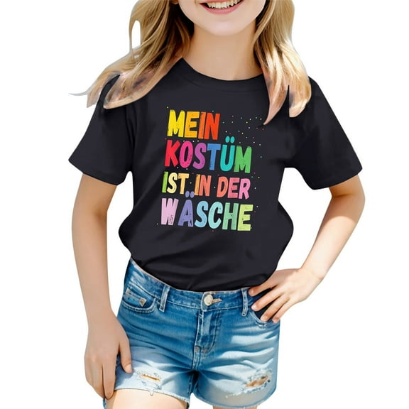 XEGLSBU T-Shirts for Girls 10 Children's Carnival Colour Printed Round Neck Short Sleeved T Shirt Black Size 6-7 Years