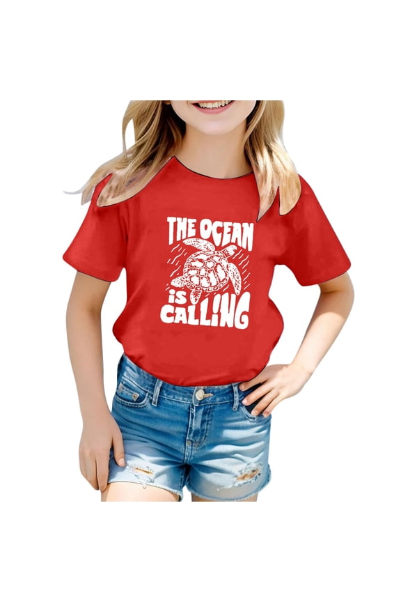 T Shirts for Girls 12 Children's Casual Letter Pattern Print Multicolor Round Neck Short Sleeves Red Size 1-2 Years
