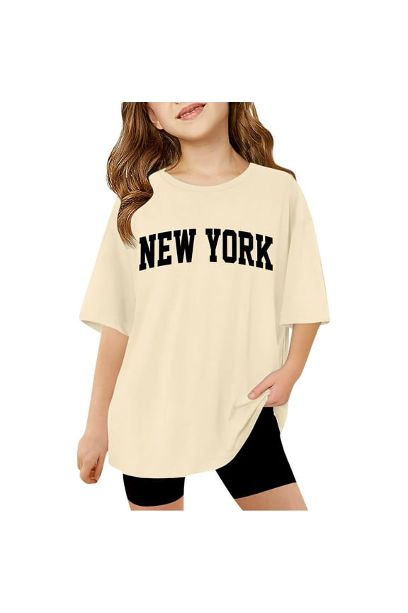 T-Shirts for Girls 8-9 Children Kids Girls Short Sleeve T Shirts Kids Summer Oversized Tops Casual Crewneck Basic Tees Beige Size 11-12 Years