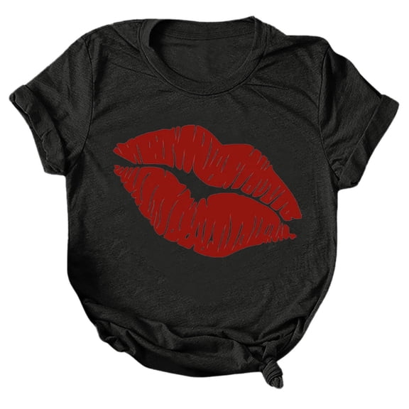 XEGLSBU T Shirts for Women Plus Size Petite Women Valentine's Day Casual Printing Short Sleeves O Neck Loose T Shirt Blouse Tops Black Size S