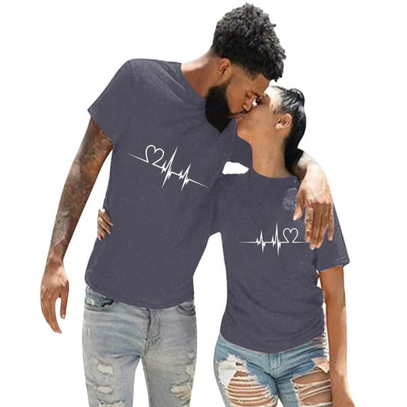 XEGLSBU T Shirts for Women V Neck Casual Solid Color With Electrocardiogram Print Round Neck Short Sleeve Lover's Clothes Girl Grey Size XL