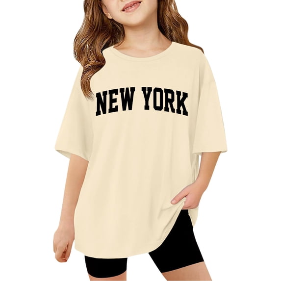 XEGLSBU Shirts for Girls Trendy Children Short Sleeve T Shirts Kids Summer Oversized Tops Casual Crewneck Basic Tees Beige-4 Size 3-4 Years