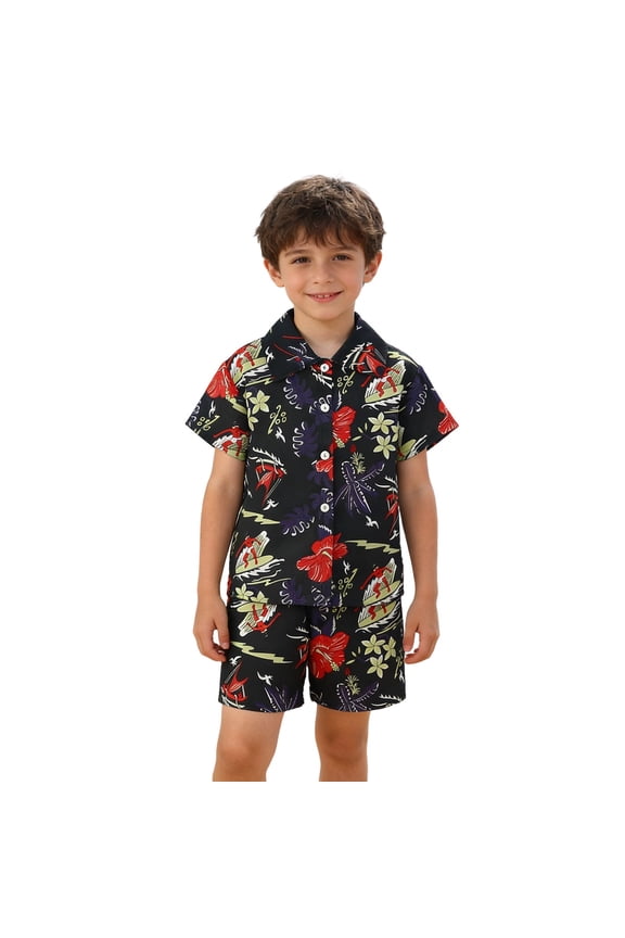 Toddler Boy Easter Outfit 5T Boys Summer Outfit Casual Beach Short Sleeve Shirt and Shorts Comfy Two Piece for Kids (Black Size 12-18 Months)
