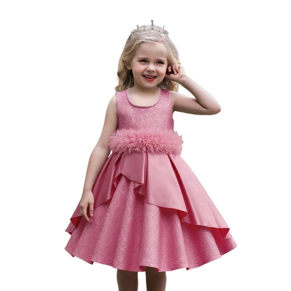 XEGLSBU Toddler Christmas Dress 4T Elegant Satin Girls Party Dress with Puffy Sleeves and Flowy Skirt for and Celebrations Pink Size 5-6 Years