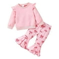 thumbnail image 1 of XEGLSBU Toddler Girl Outfits 4T Cotton Girls Cute Long Sleeve Hoodie with Ruffled Sleeves Round Neck Bow Print Patchwork Flare Pants Set 0 4 Years Old Pink Size 2-3 Years, 1 of 7