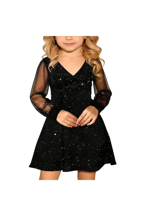 Toddler Girls Dresses 5T Kids Girl's Puff Long Sleeve Mesh Casual High Waist A Line Short Dress Formal Party Dresses for 4 14 Years Black Size 7-8 Years