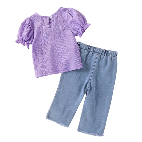 XEGLSBU Toddler Outfit Girl 2T Children's Purple Bow Long Sleeve Top and Denim Trousers Girls' Two Piece Set Purple Size 18-24 Months