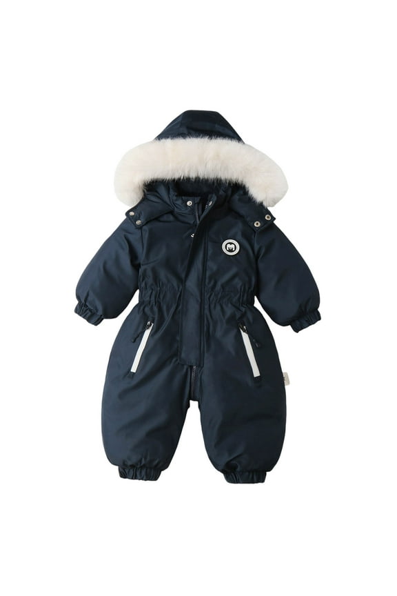 Toddler Snowsuit 2T 1 Piece Boys Girls Winter Thicken Hooded Coat Jacket Snowsuit Toddler Windproof Warm Jumpsuit Outwear Snowsuits Baby Snowsuit 6-12 Months Cotton Navy Size 12-18 Months