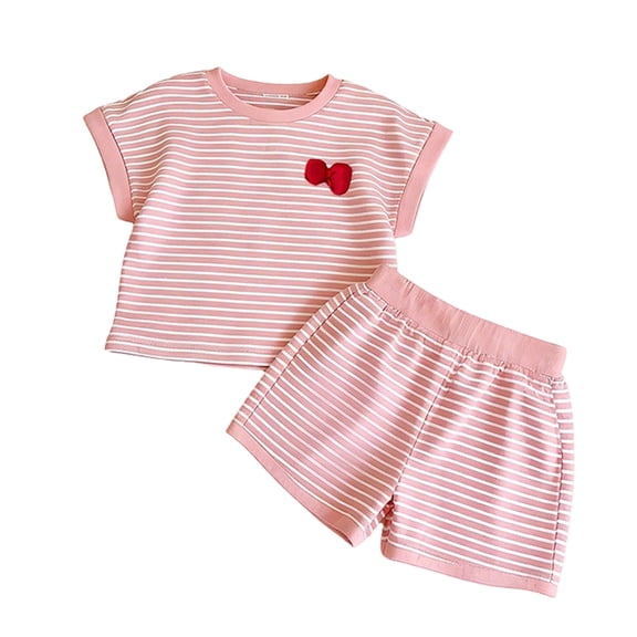 XEGLSBU Toddler Summer Short Sleeve Outfit 3D Cherry Outfit with Bow for Little Girls Two Piece Sets (A-Pink Size 5-6 Years)