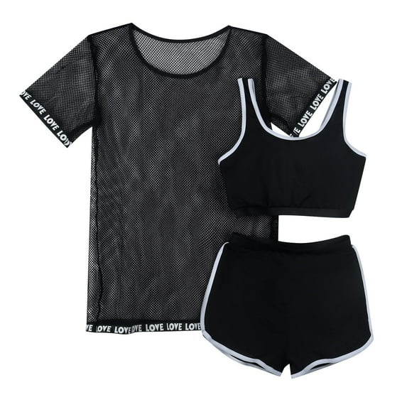 XEGLSBU Toddler Swimsuit Girl Neon Kids Girls 3 Piece High Waisted Letter Tape Bikini Swimsuit Bathing Suit with Cover Up Black Size 6-7 Years