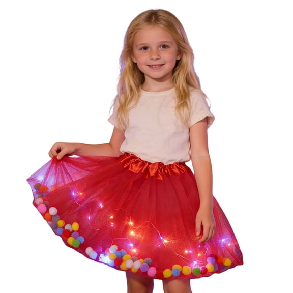 XEGLSBU Tutu Skirt for Girls 3T Girls Tutu Skirt with Colorful Pom Poms for Carnival Party Dance Performance Ballet Layered Skirt Red Size 3-14 Years