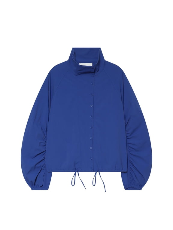 Women Flight Jacket Solid Stand Collar Long Sleeve Casual Fall Outerwear with Snap Buttons Blue Size S