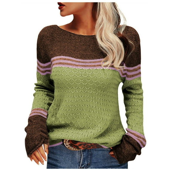 XEGLSBU Women Sweaters Fall Brown Women's Casual Crew Neck Matching Striped Pullover Sweater Women Sweaters Fall Light Light Green Size L