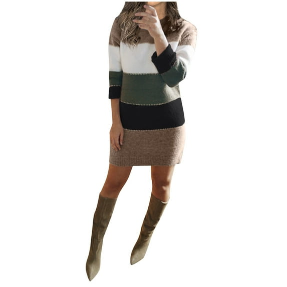 XEGLSBU Womens Sweater Dress Short Sleeve Women Winter O-neck Sweater Color Striped Pullover Sweater Dress Long Sleeve Slim Mini Dress Sweater Dress for Women Fall 2025 Green Size XL