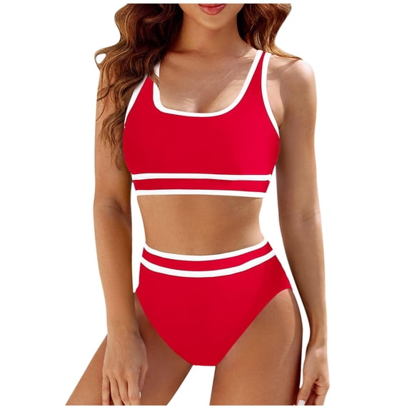 XEGLSBU Womens Swimsuits 2 Piece High Waisted Women's High Waisted Bikini Sets Sporty Two Piece Swimsuit Color Block High Cut Bathing Suits Red Size M