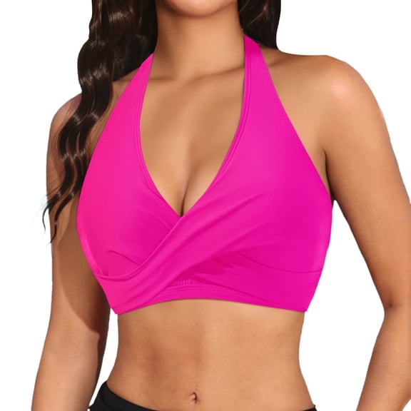 XEGLSBU Womens Swimsuits Plus Size Tummy Control Women Bikini Top Push up Bathing Suit Top V Neck Full Coverage Swimsuit Top Hot Pink Size L