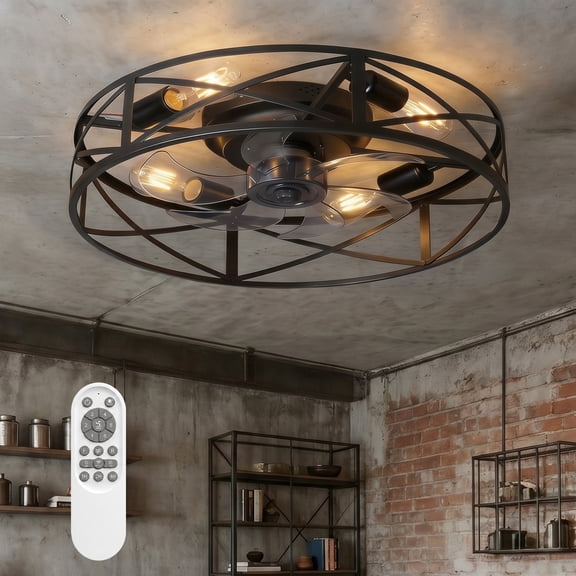 20" Farmhouse Flush Mount Caged Ceiling Fan with 4 E26 Bases Remote, No Bulbs, Fandelier, Quiet Bladeless Fan for Bedroom Living Room