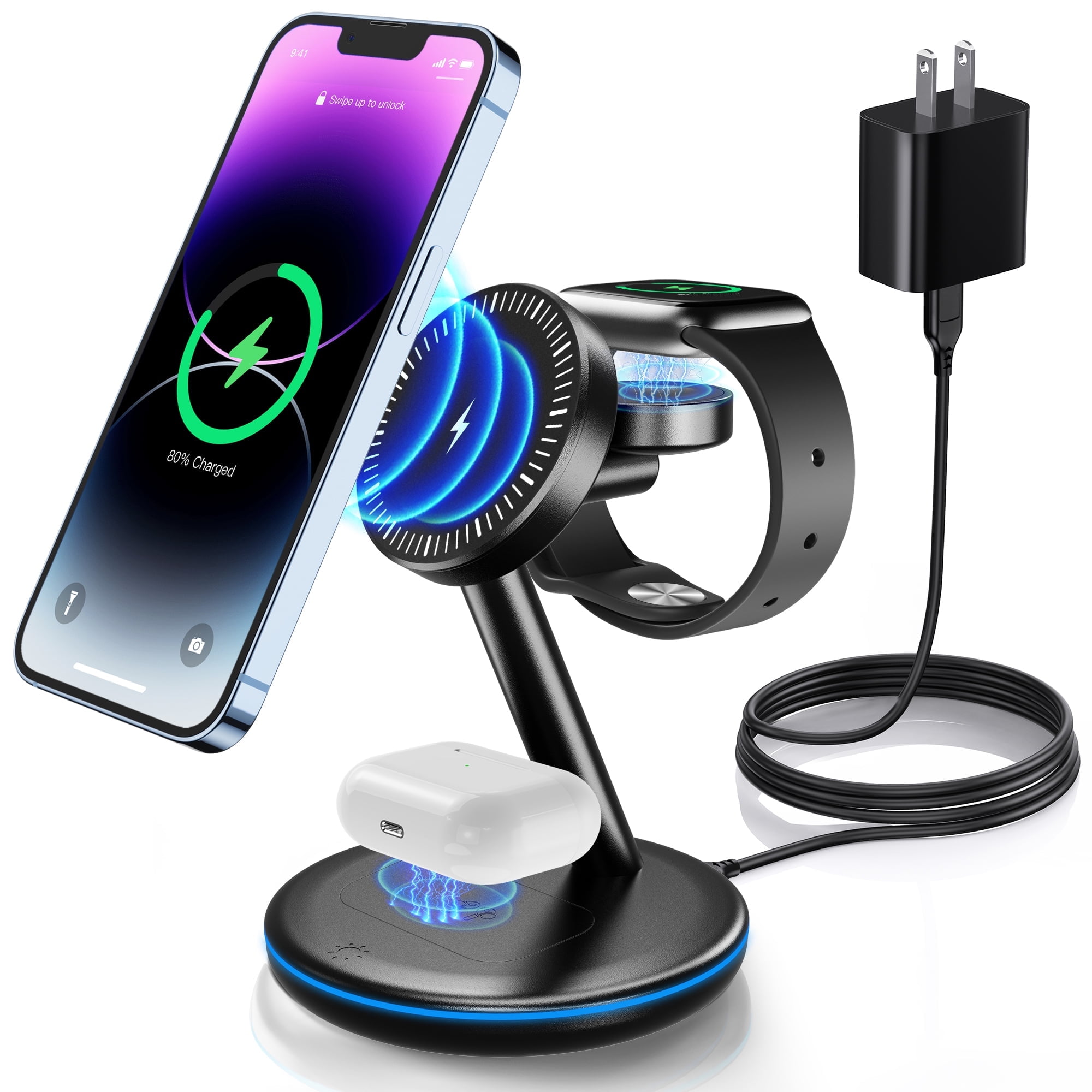 Black 3-in-1 Fast Charging Station with Magnetic Stand for Apple Devices