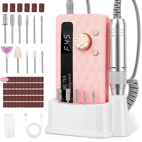 CPCGER Professional Cordless Nail Drill, 45000 RPM Electric Nail File, 10H Rechargeable LCD E-File Kit for Acrylic Gel Nails, Pink
