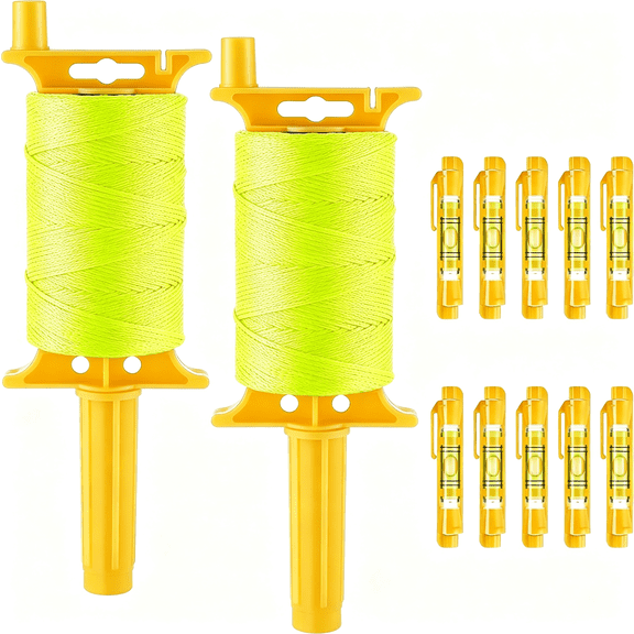 XENAKY 2 Pack Mason String Line Reel for Construction,Twisted 540 Ft #18 Braided Nylon String with 10 Mason Line Level,High Visibility Braided Nylon Twine for Masonry Tools,Gardening,Diy(Yellow)