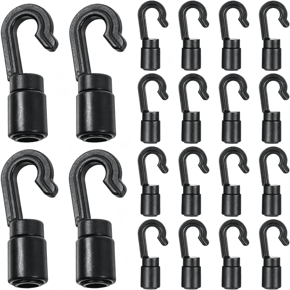 XENAKY 20 Pack Black Bungee Cord Hooks for 3/16"To 1/4",Shock Cord End Hooks Cargo Net Hooks Shock Absorbing Cord Hooks for Bungee Cord Ends Kayak Replacement Water Sports Camping Accessories