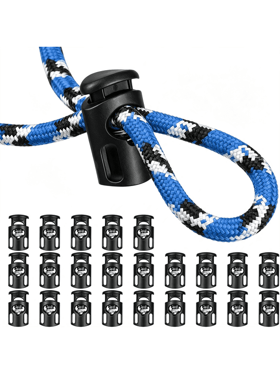 20 Pcs Plastic Spring Cord Lock, Cord Locks for Drawstrings | Double Hole Cord Lock Toggle Stopper, Shoe Lace Tie Locks for Hoodies, Paracord, Shoelaces, Elastic Ropes and Bags, Black