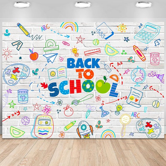 XENAKY Back to School Backdrop Background Hand Printed White Brick Wall First Day of School Banner for Kids Classroom Decorations for Photography (Colorful, 7x5ft(82"x60"))