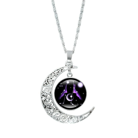 XEOVHV 12 Constellation Necklace,Zodiac Necklace Jewelry, Birthday Gifts Astrology 12 Constellation Horoscope Sign Galaxy Crescent Half Moon Pendant Necklace,Gemini
