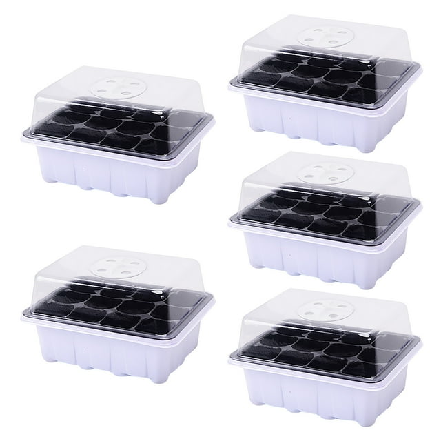 XEOVHV 5-Pack Seed Starter Tray Seedling Kits,Plant Starter Kit with Adjustable Humidity Dome and Base Indoor Greenhouse Mini Propagator for Seeds Growing Starting (12 Cells per Tray,White)