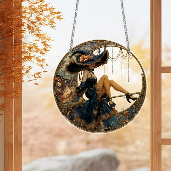 XEOVHV 6x6 inch Charming Moonlight Witch Acrylic Stained Glass Window Hanging Sun Catcher Decor Stained Panel Hangings Wall Art Decor, for Friends and Family (E)