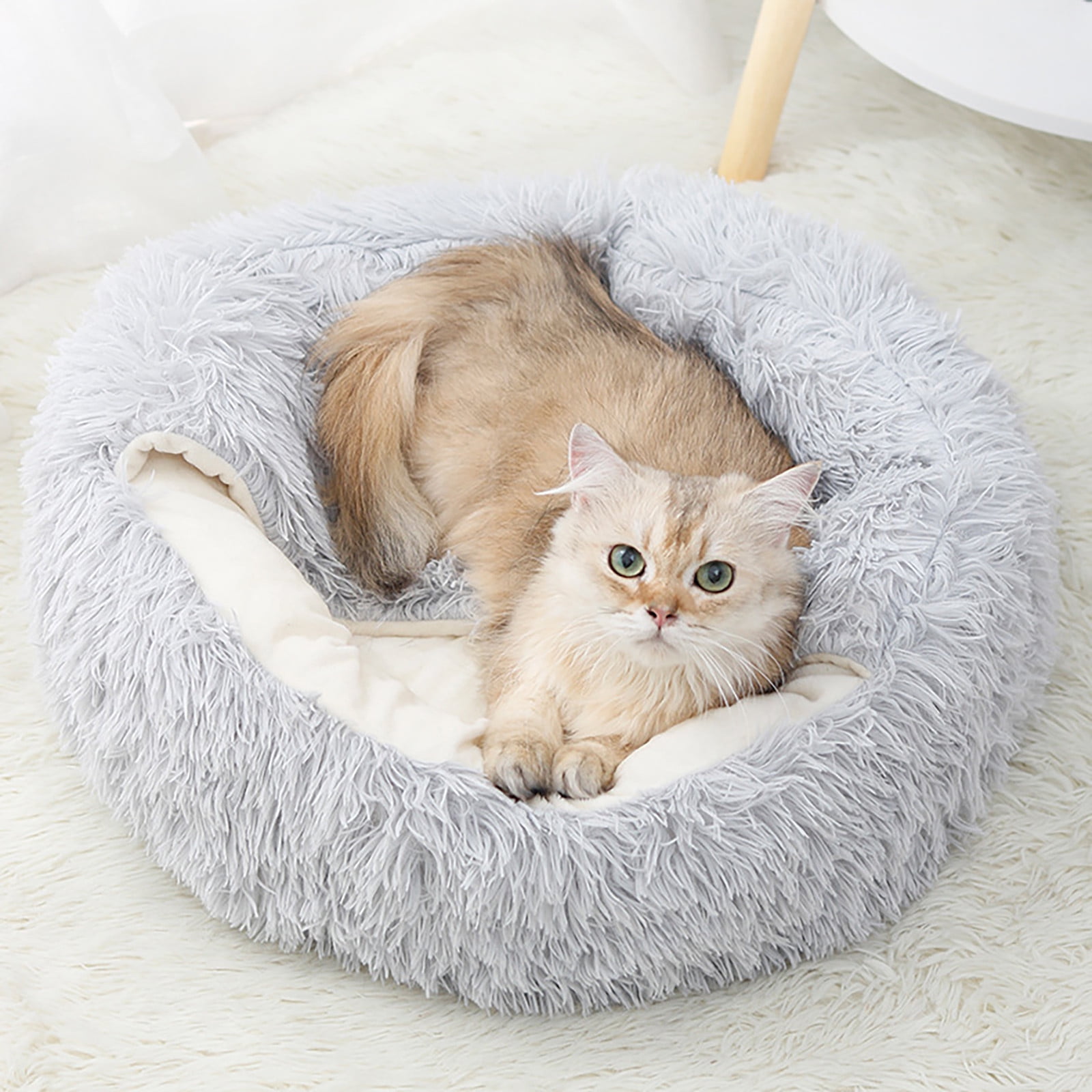 XEOVHV Calming Dog Beds & Cat Cave Bed with Hooded Cover,Removable Washable Round Beds for Small Medium Pets,Anti-Slip Faux Fur Fluffy Coved Bed for Improved Sleep,Fits up to 15/25 lbs(Medium,24"x24")