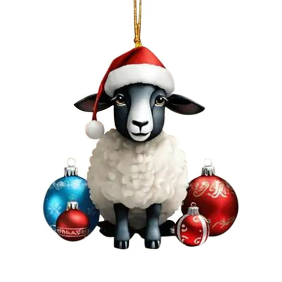 XEOVHV Christmas Lamb Hanging Ornaments Set Acrylic Cartoon Sheep Holding a Gift Box and Christmas Ball Xmas Tree Pendant 2D Flat Car Rear View Mirror Accessories Farmhouse Holiday Decoration