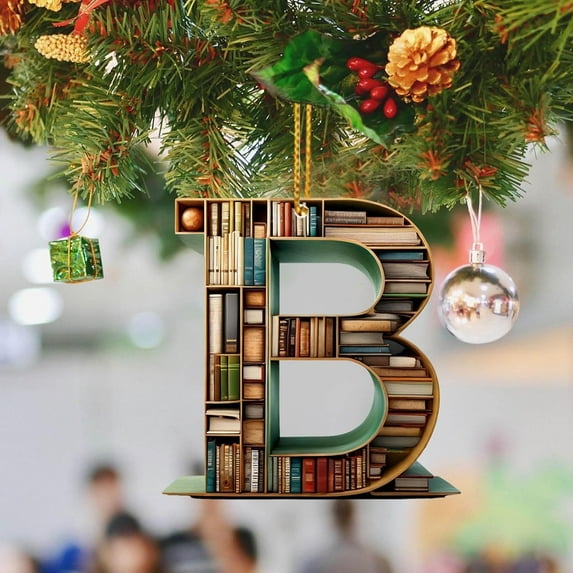 XEOVHV Christmas Tree Book Ornaments, Letter Shaped Bookshelf Pendant, Book Lovers Librarian Ornament for Christmas Acrylic Ornament Book Lover Gift (B)