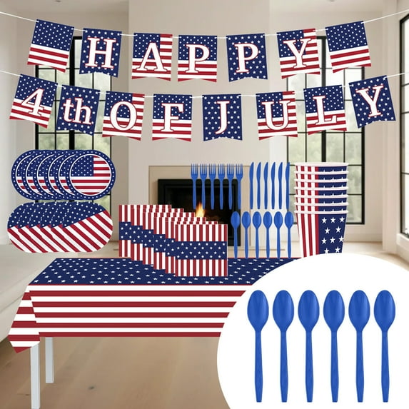 XEOVHV Clearance American Flag Party Decorations, 4th of July Patriotic Tableware Disposable Banner,Tablecloth,Plates,Napkins,Cups,Forks and Knives for Independence Day, Memorial Day Party Supplies