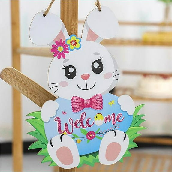 XEOVHV Clearance Easter Bunny Welcome Door Sign, Easter Bunny Wooden Door Decorations Easter Door Wreath Hanging Plaque Farmhouse Home Front Door Porch Rabbit Sign with Bow for Shop Home Garden Spring