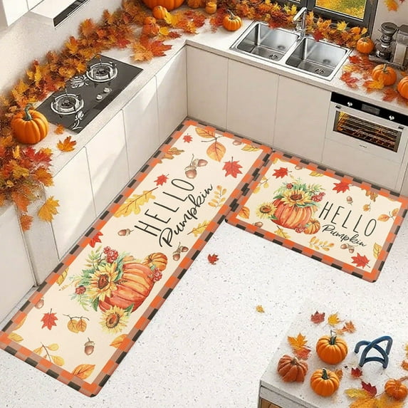 XEOVHV Fall Pumpkin Maple Leaf Floor Mat Two Piece Set Halloween Thanksgiving Decorative Floor Mat Bathroom Kitchen Mat Porch Carpet Long Strip Foot Mat Entrance Mat