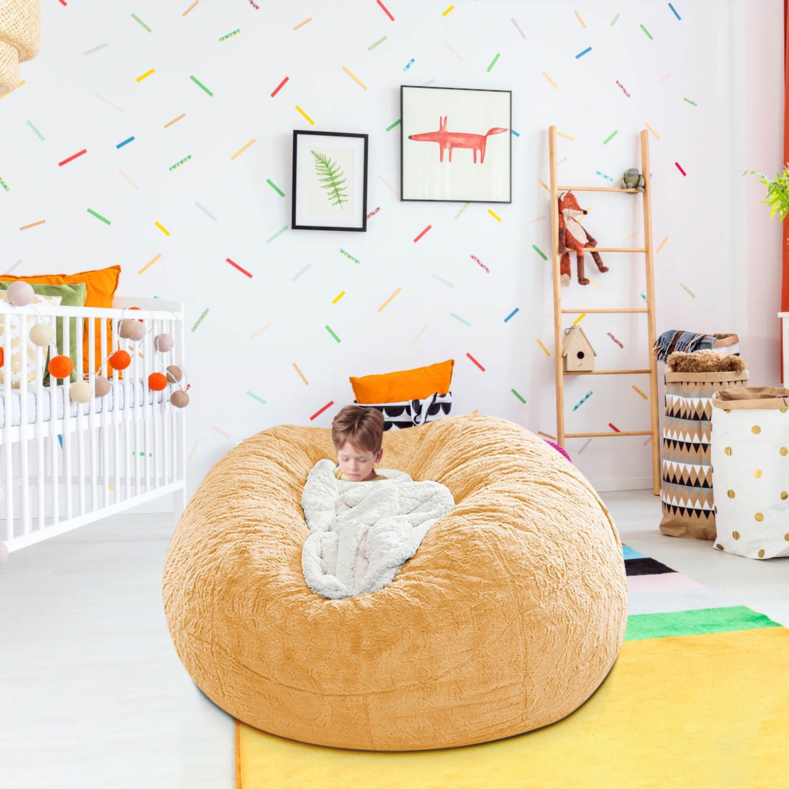 XEOVHV Giant Fur Bean Bag Chair Cover for Kids Adults, Living Room Furniture Big Round Soft Fluffy Faux Fur Beanbag Lazy Sofa Bed Cover(Cover only, No Filler, Yellow, 6FT)