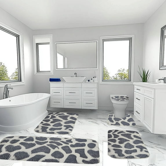 XEOVHV Grey Leopard Texture 5 Piece Bathroom Rugs Set,3 Bath Mat + Contour Mat + Toilet Seat Cover, Non-Slip Soft Microfiber Bathmat for Tub Shower Room Decor, Machine Washable