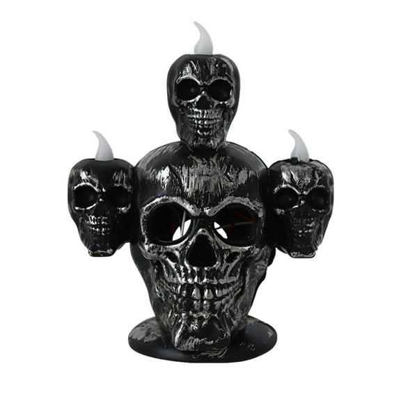 XEOVHV Halloween Skull Head LED Light, 5.9 Inch Black Silver Color Flameless Plastic Halloween Skeleton Candle Lamp for Home Office Halloween Party Decorations (Green Light)