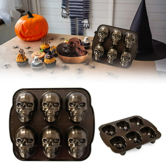 XEOVHV Halloween Skull Mold, Haunted Skull Cakelet Pan Skull Molds for Baking Skull Cake Pan Aluminum 3D Halloween Skull Baking Pan Gummy Molds Non-stick Candy Molds Halloween Cookware