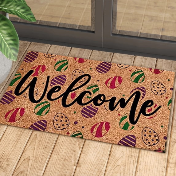 XEOVHV Happy Easter Decorative Door Mat, Bunny Eggs Welcome Doormat for Indoor Outdoor, Spring Floor Mat Entry Rug Non-Slip Washable for Porch Front Door Entrance 16x24 Inch