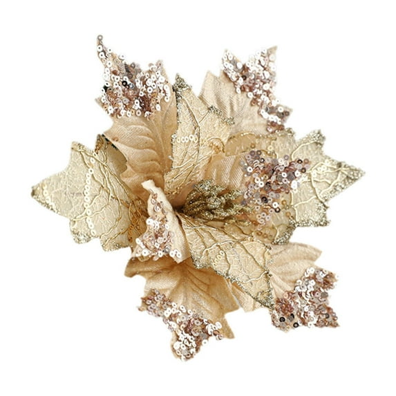 XEOVHV Large Size 7.8" Gold Christmas Glitter Poinsettia Artificial Flowers, Poinsettia Flower Faux Flowers with Clips, Christmas Decor Flower for Xmas Wreath Garland Holiday Party Decor