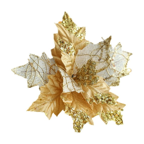 XEOVHV Large Size 7.8" Gold Christmas Glitter Poinsettia Artificial Flowers, Poinsettia Flower Faux Flowers with Clips, Christmas Decor Flower for Xmas Wreath Garland Holiday Party Decor (Gold)