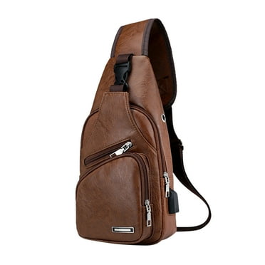 XEOVHV Men's Leather Sling Bag, Chest Shoulder Backpack, Waterproof Crossbody Bag with USB Charging Port (Brown)
