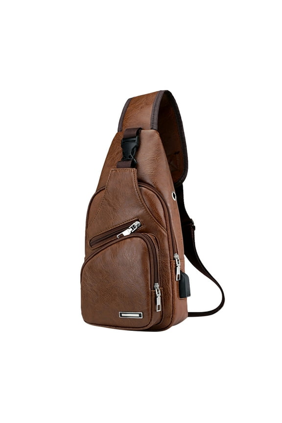 Men's Leather Sling Bag, Chest Shoulder Backpack, Waterproof Crossbody Bag with USB Charging Port (Brown)