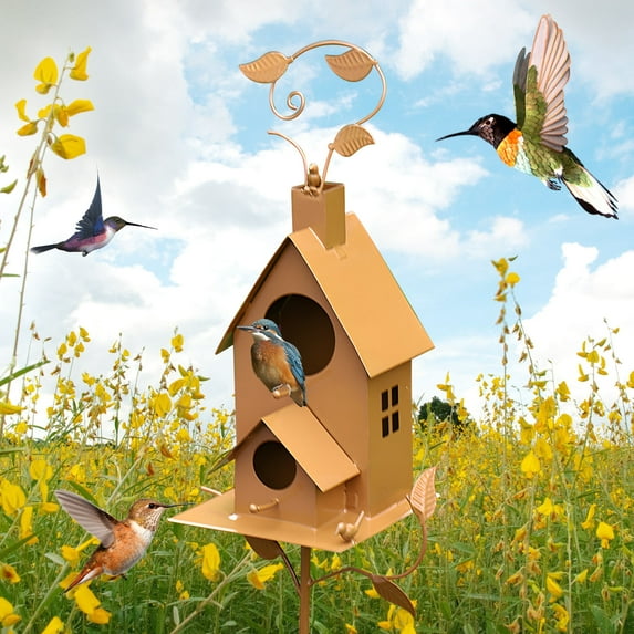 XEOVHV Metal Bird House with Poles, Outdoor Metal Bird House Stake Birdhouses for Outdoor Patio Backyard Patio, Bird Houses for Hummingbird Small Bird Outside Garden Decoration